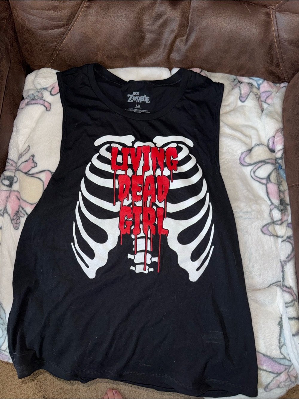 Sleeveless Black Tank with White Ribcage and Red "Living Dead Girl" Print
